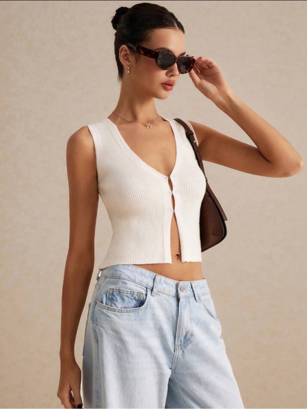 Ribbed V-Neck Button-Front Tank Top - White